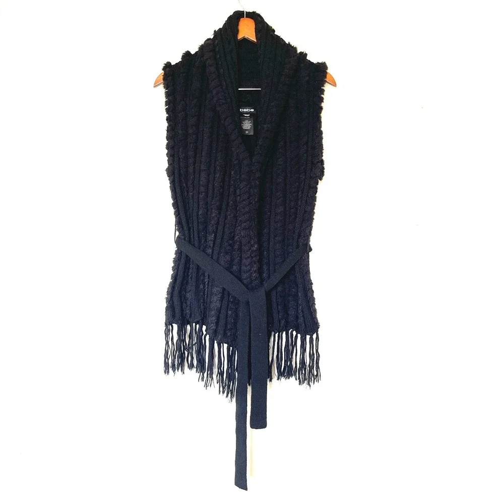 Vintage Y2K Bebe One Size‎ Faux Fur Sweater Vest Black Fringe Goth Grunge 90s